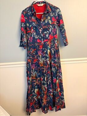 BIBA Kurta Navy Maxi Dress with Pink Blue Floral Print Pockets 3/4 Sleeves Small